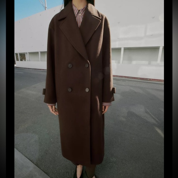 Zara Brown Wool Blend Double Breasted Coat - Picture 3 of 7